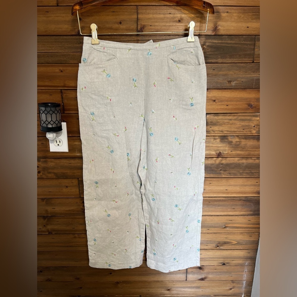 Talbots vintage Irish linen wide leg floral embroidered pants size- see pics